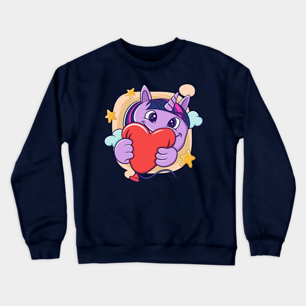 cute facial expression illustration of a little unicorn holding a red balloon Crewneck Sweatshirt by ReasArt